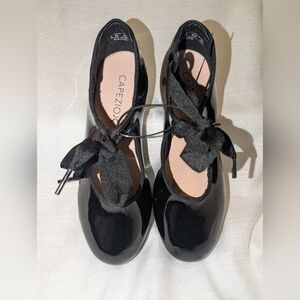 Capezio Glossy Black Dance Shoes with Ribbon Ties 1.5 Tap Shoes